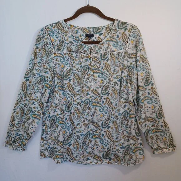 Talbots Top Green Pink Paisley Print‎ Cotton Popover Blouse Womens Large Petite - Picture 2 of 11
